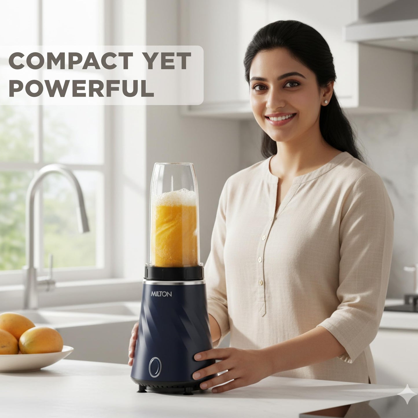 Milton Appliances Miniq Mini Bullet Mixer Grinder I ISI Certified I Smoothie Maker & Blender I SS Jar & On-the-Go Jar I Powerful HTLV 350W Motor | For Juices, Smoothies, Chutney, Dark Blue