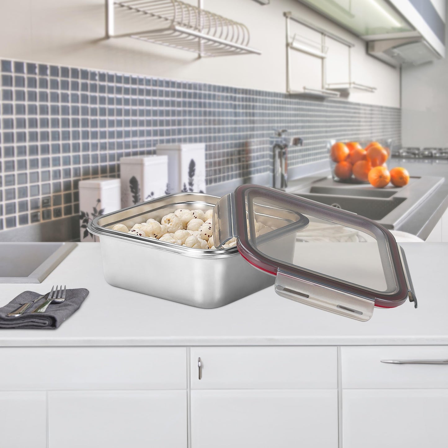 MILTON New Modulo Steel Square 1500 Container with lock lid|Airtight & Leakproof|Microwave & Oven safe| Light Weight | School, Office or Picnic use, 1440 ml, Silver