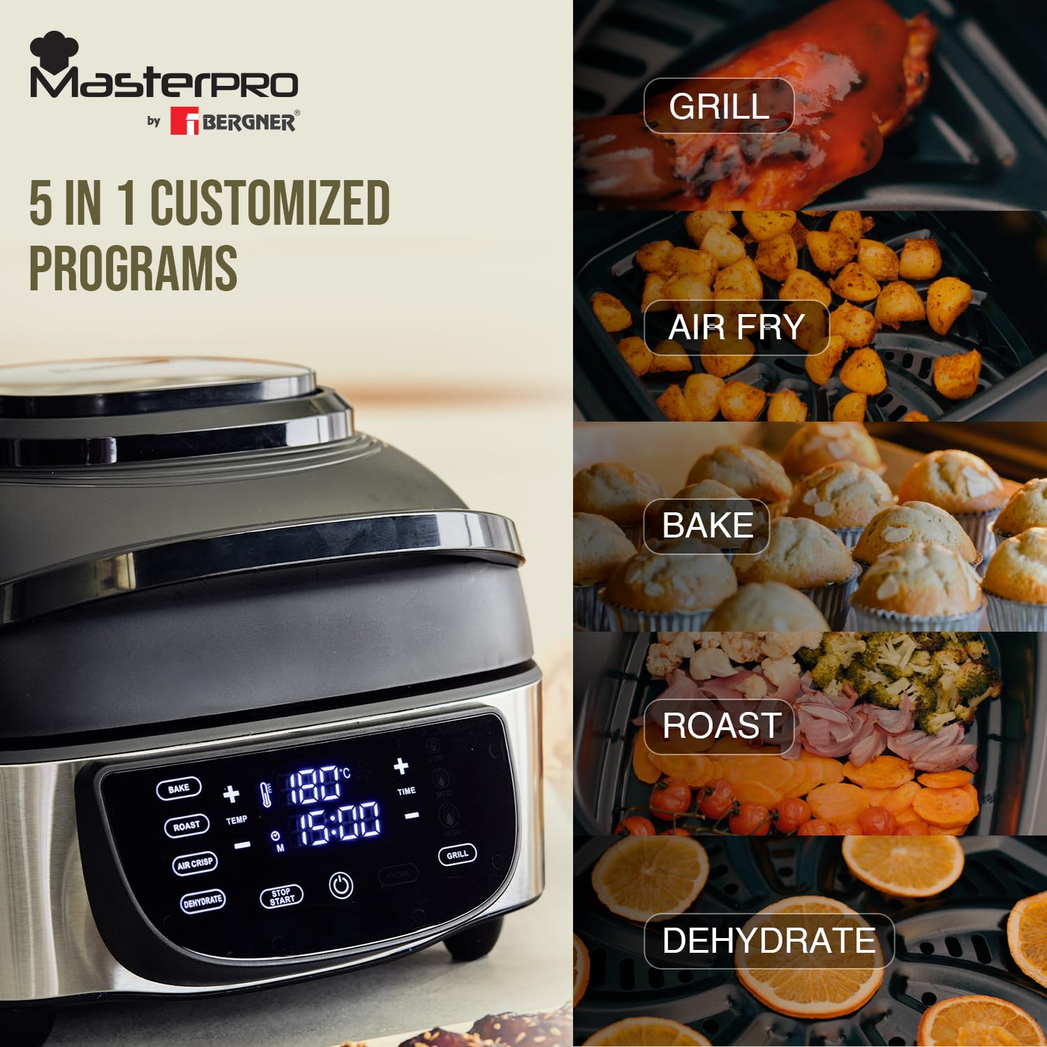BERGNER Masterpro Indoor Electric Smokeless Grill,7 liter,1800 Watt,Digital Led Display And Multi Touch Panel,5 In 1 Function Grill,Bake,Roast,Dehydrate,Air Fry With Cyclonic Air Technology,Silver