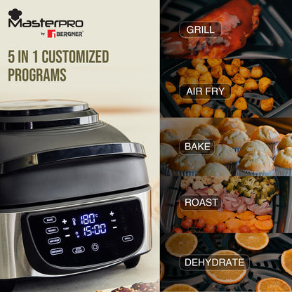 BERGNER Masterpro Indoor Electric Smokeless Grill,7 liter,1800 Watt,Digital Led Display And Multi Touch Panel,5 In 1 Function Grill,Bake,Roast,Dehydrate,Air Fry With Cyclonic Air Technology,Silver