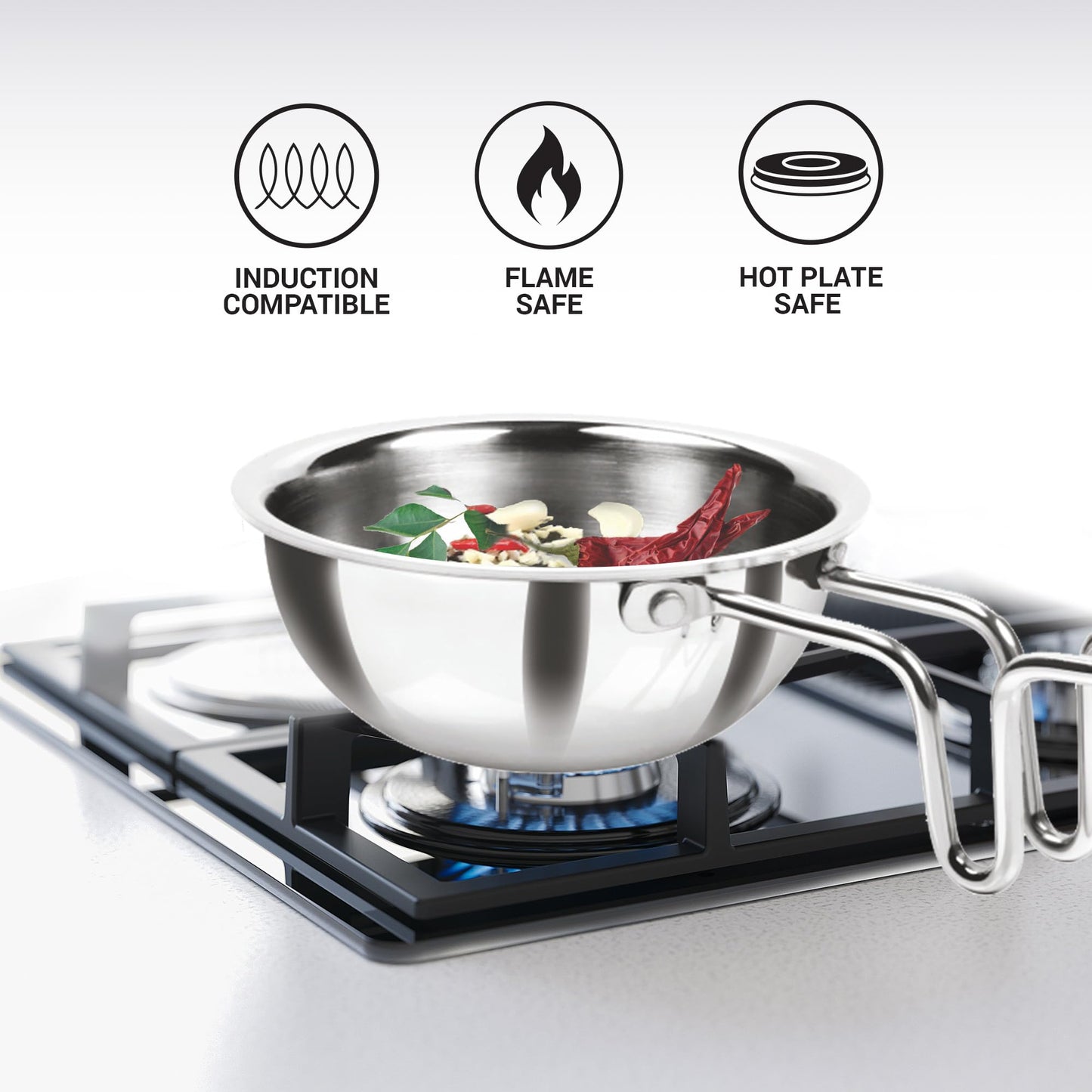 MILTON Pro cook Induction Cookware & Gas Stove Friendly Triply Stainless Steel Tadka Pan 12 cm | 370 ml Capacity | Frying Dal & Spices | Long Handle | Smooth Finish | 3 Year Warranty
