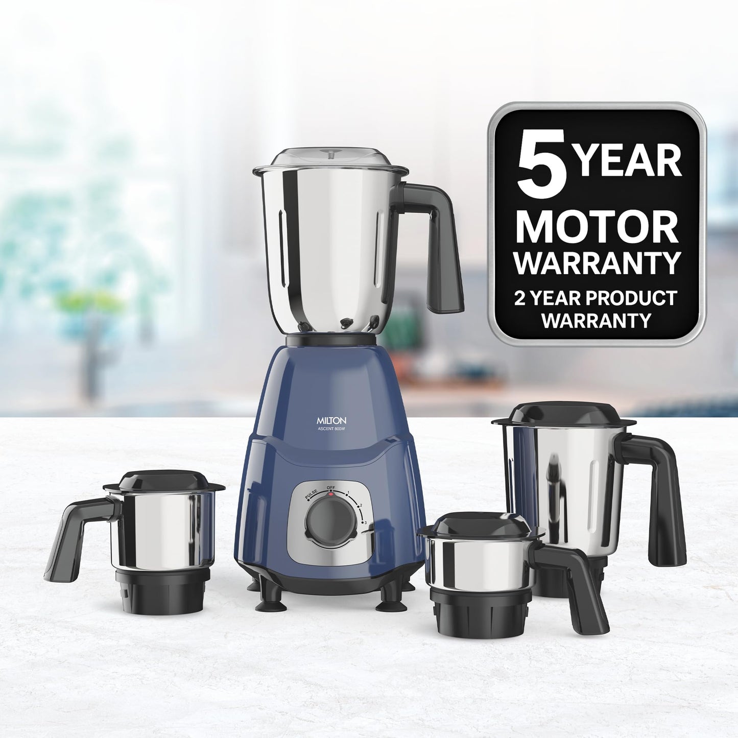 Milton Ascent Mixer Grinder, ISI Certified, Grindstone Blade Technology, 4 Jar, 800 W (22000 RPM), 5 yr motor warranty, 2 yr product warranty I Blue