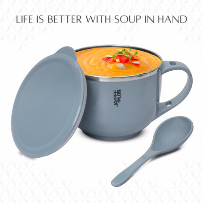 Jaypee Plus Stainless Steel Soup Bowl with Lid & Spoon Holder Souptok, Maggi Bowl Noodles Pasta Bowl, Mug for Milk, Best Diwali Gift, Mug for Kids, Girls, Boys, Birthday, Ivory 700 ml