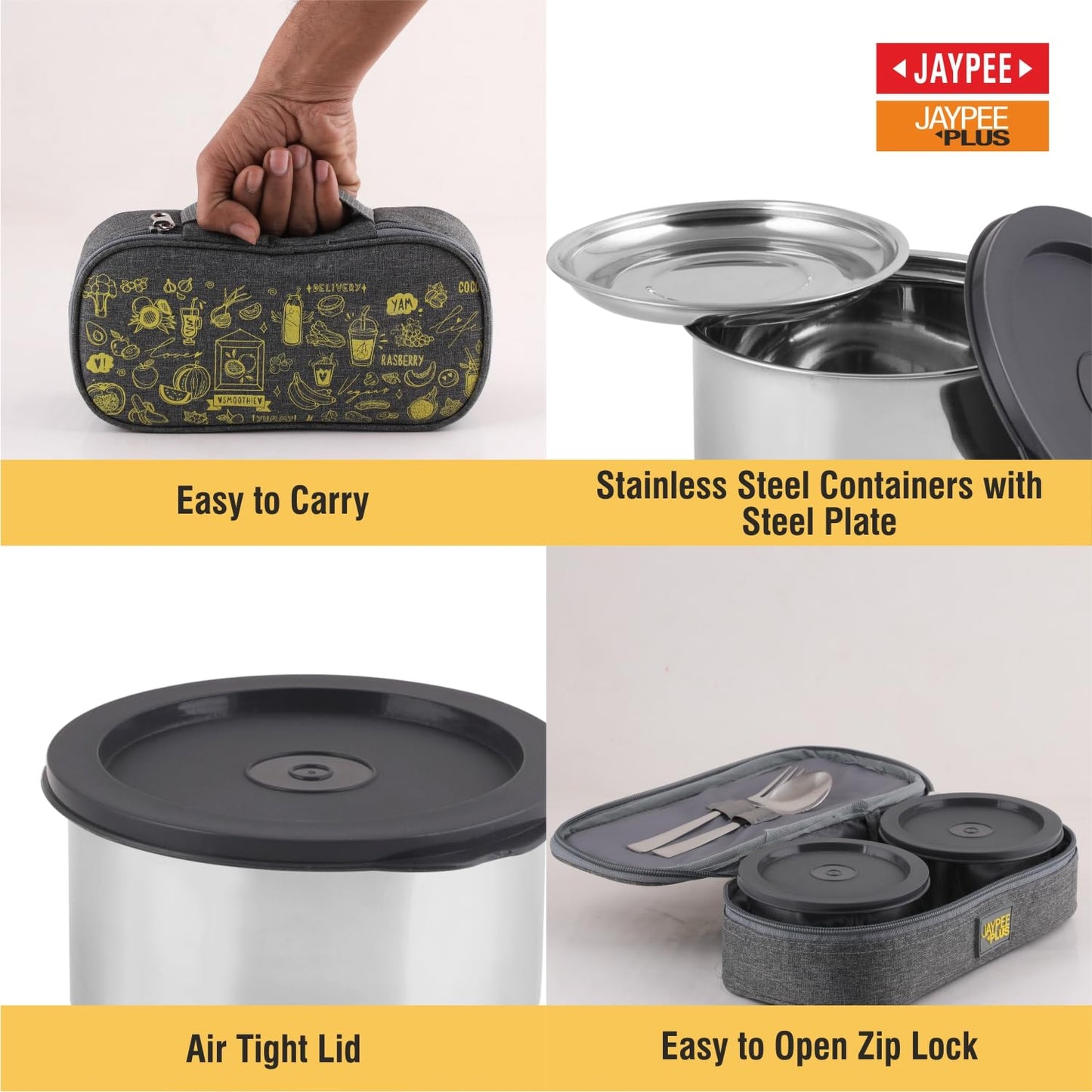 Jaypee Plus Magicseal Stainless Steel 2 Container Office Lunch Box 350 ml Each with Steel Dish & Insulated Washable Bag Spillproof Leakproof Lunch Box for Man & Women Airtight Tiffin Box,Grey
