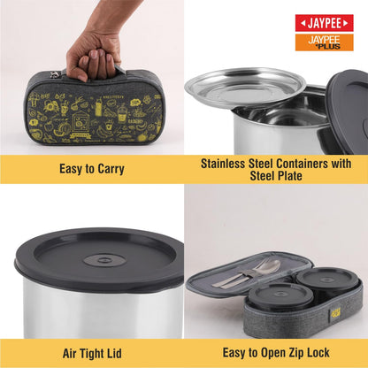 Jaypee Plus Magicseal Stainless Steel 2 Container Office Lunch Box 350 ml Each with Steel Dish & Insulated Washable Bag Spillproof Leakproof Lunch Box for Man & Women Airtight Tiffin Box,Grey