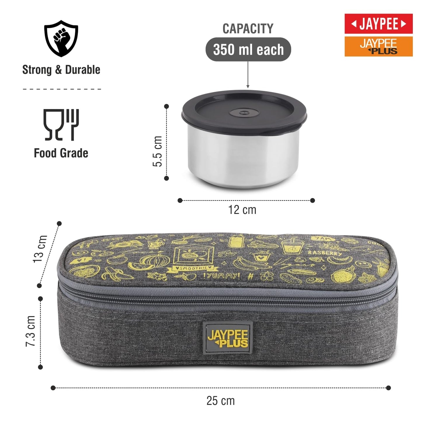 Jaypee Plus Magicseal Stainless Steel 2 Container Office Lunch Box 350 ml Each with Steel Dish & Insulated Washable Bag Spillproof Leakproof Lunch Box for Man & Women Airtight Tiffin Box,Grey