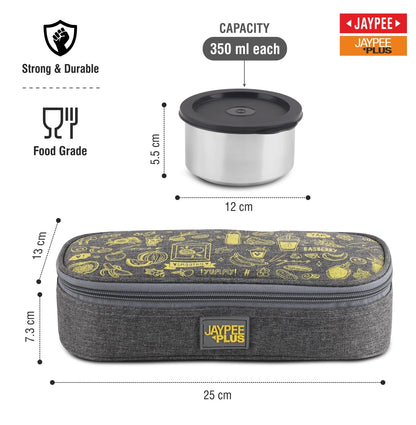 Jaypee Plus Magicseal Stainless Steel 2 Container Office Lunch Box 350 ml Each with Steel Dish & Insulated Washable Bag Spillproof Leakproof Lunch Box for Man & Women Airtight Tiffin Box,Grey