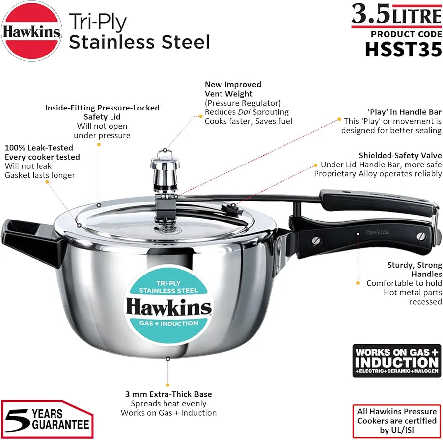 Hawkins 3.5 Litre Triply Stainless Steel Pressure Cooker, Inner Lid Cooker, Silver 