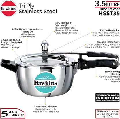 Hawkins 3.5 Litre Triply Stainless Steel Pressure Cooker, Inner Lid Cooker, Silver 