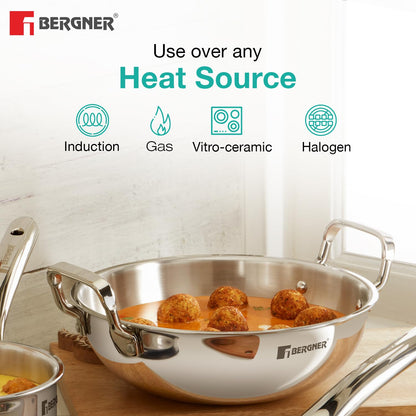 Bergner TriPro 3 Pcs Tri-Ply Stainless Steel Induction Bottom Cookware Set - 22cm (2L) Kadai and 22cm (1L) Frypan, 14cm (1.1L) Teapan, Less Oil Use, Easy to Clean - Induction and Gas Stove Ready