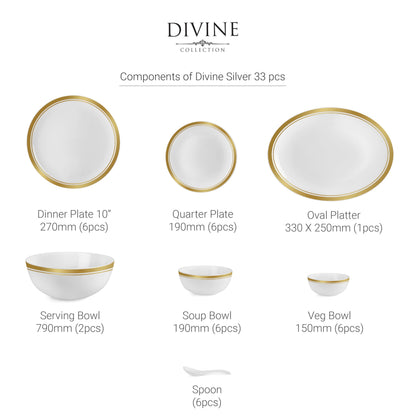 Cello Opalware Divine Gold Lines Dinner Set, 33 Units | Microwave & Dishwasher Safe | Light-Weight & Thermal Resistant | Crockery Set for Dining & Gifting
