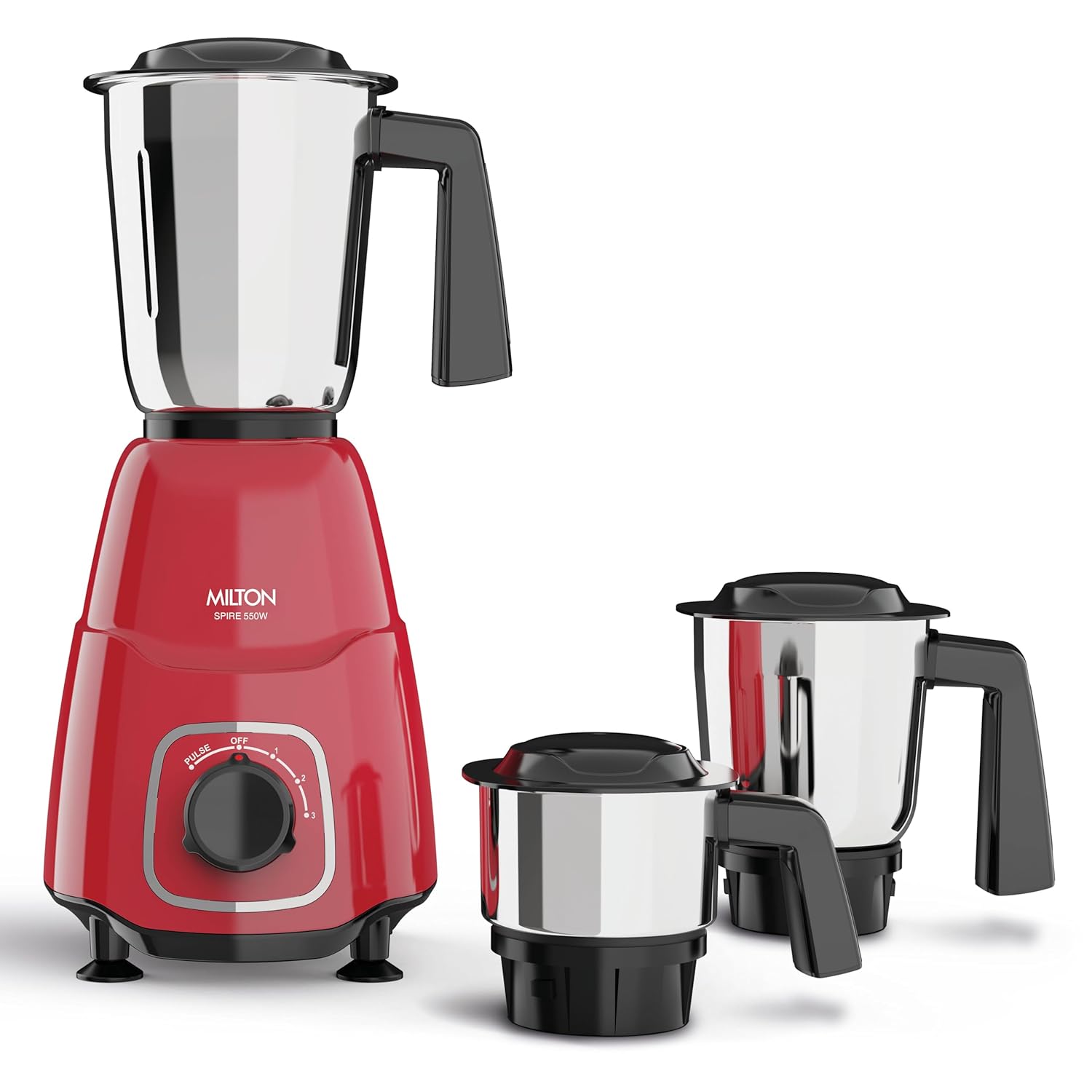 Milton Spire Mixer Grinder, ISI Certified, Grindstone Blade Technology, 3 Jar, 550 W (21000 RPM), 5 yr motor warranty, 2 yr product warranty I Red