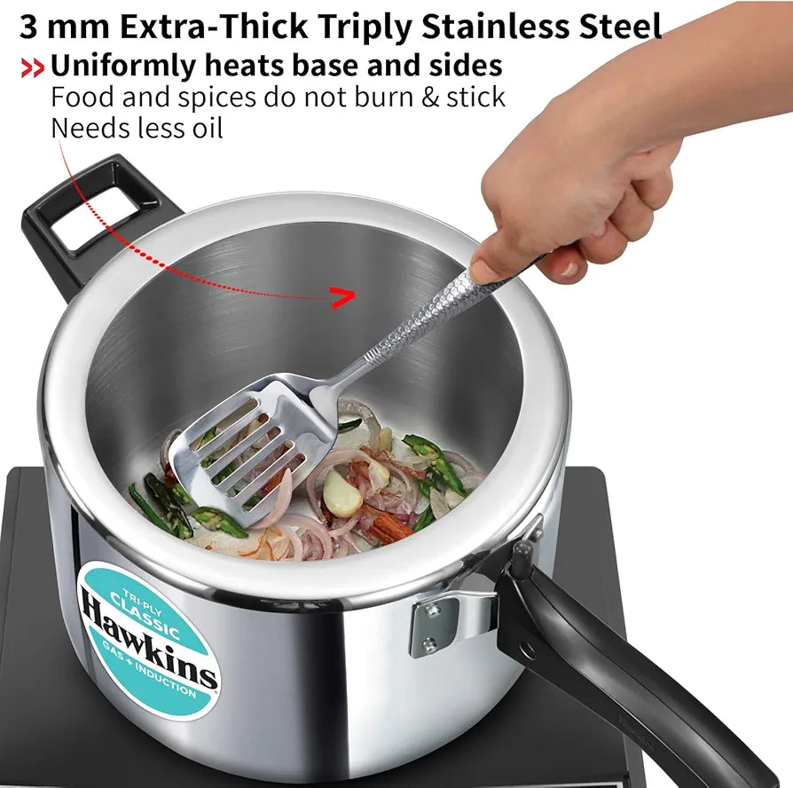 Hawkins Classic 5 Litre Tri-Ply Pressure Cooker, Triply Stainless Steel Inner Lid Cooker, Silver 