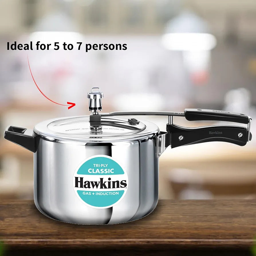 Hawkins Classic 5 Litre Tri-Ply Pressure Cooker, Triply Stainless Steel Inner Lid Cooker, Silver 