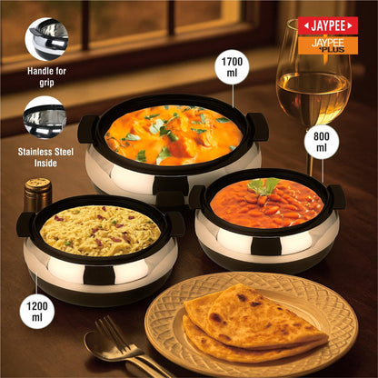 Jaypee Glasserol Serving Casserole Set of 3 Inner Stainless Steel Toughened Glass Lid PUF Insulated Hot Box | Roti Box | Easy to carry | Food Grade | Stackable | 800,1200,1700 ml, Black
