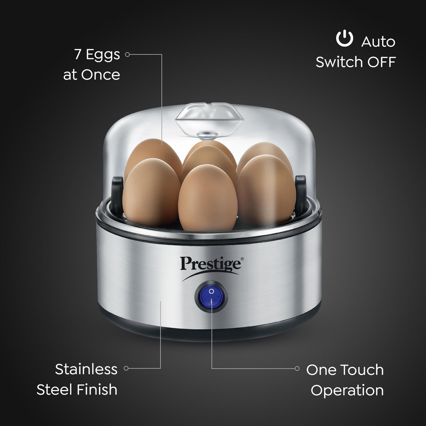 Prestige Egg Boiler PEB-01 | 350-Watt | Boils 7 Eggs at Once | One-Touch Operation | Stainless Steel Body & Heating Plate | Auto Switch-Off for Safe Cooking| Electric