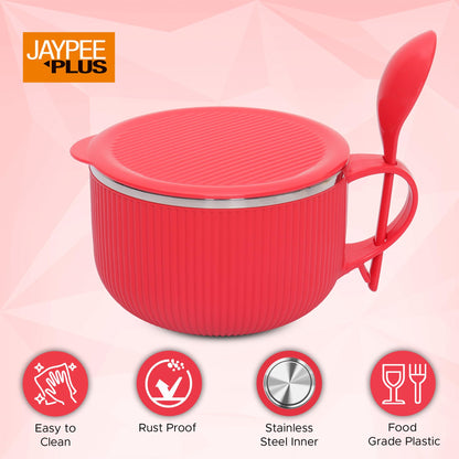 Jaypee Plus Stainless Steel Soup Bowl with Lid & Spoon Holder Souptok, Maggi Bowl Noodles Pasta Bowl, Mug for Milk, Best Diwali Gift, Mug for Kids, Girls, Boys, Birthday, Ivory 700 ml