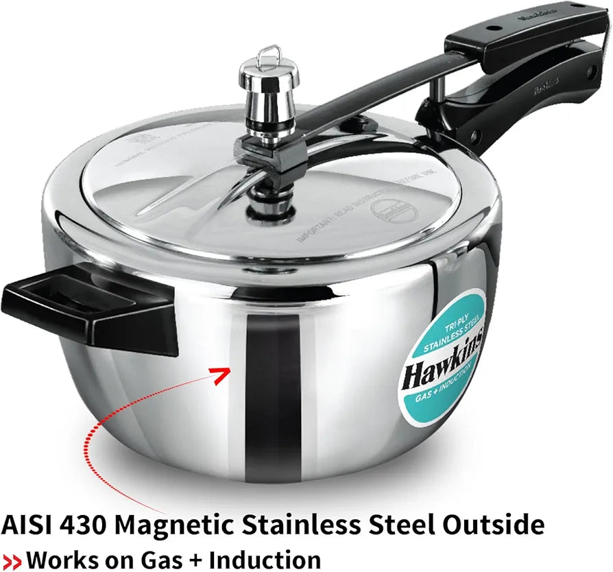 Hawkins 3.5 Litre Triply Stainless Steel Pressure Cooker, Inner Lid Cooker, Silver 