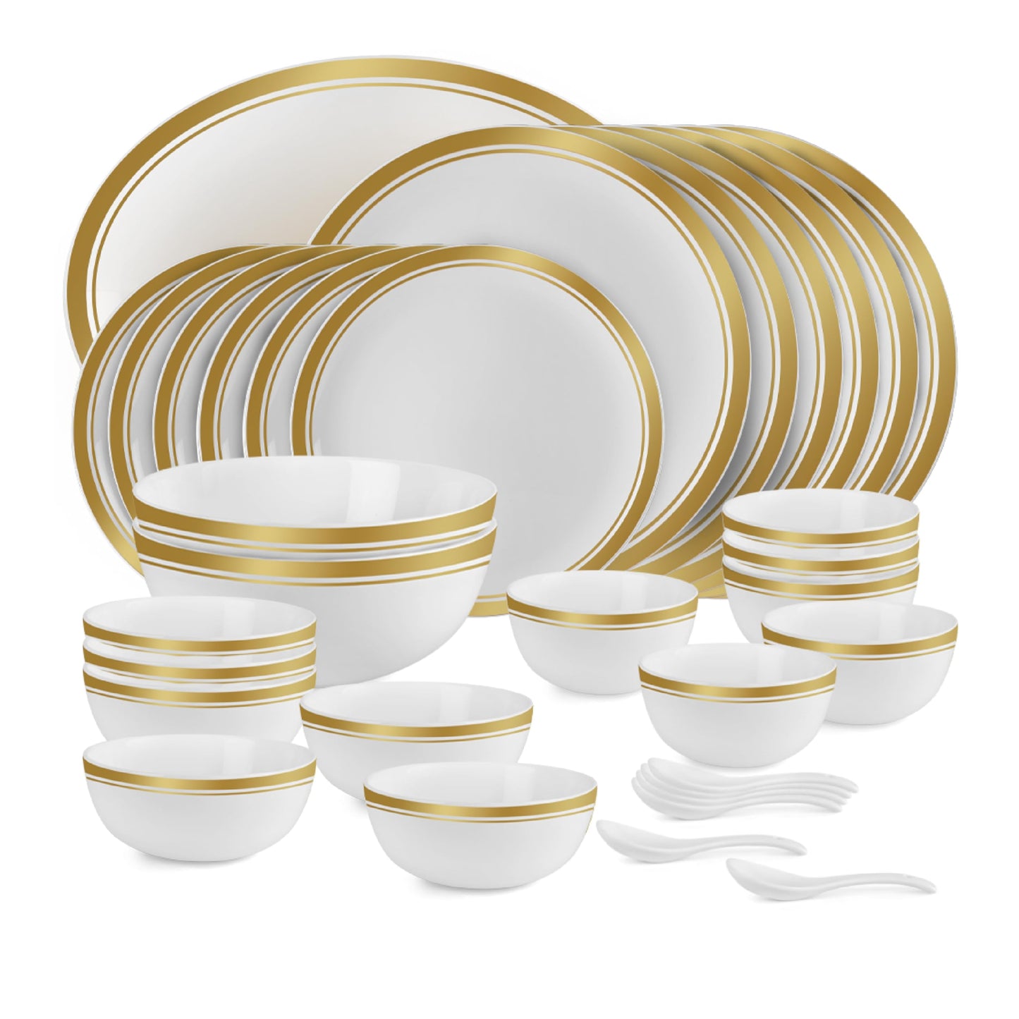 Cello Opalware Divine Gold Lines Dinner Set, 33 Units | Microwave & Dishwasher Safe | Light-Weight & Thermal Resistant | Crockery Set for Dining & Gifting