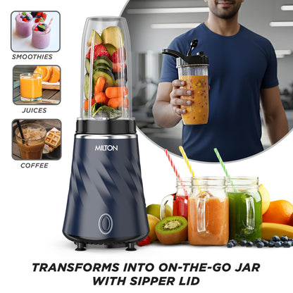 Milton Appliances Miniq Mini Bullet Mixer Grinder I ISI Certified I Smoothie Maker & Blender I SS Jar & On-the-Go Jar I Powerful HTLV 350W Motor | For Juices, Smoothies, Chutney, Dark Blue