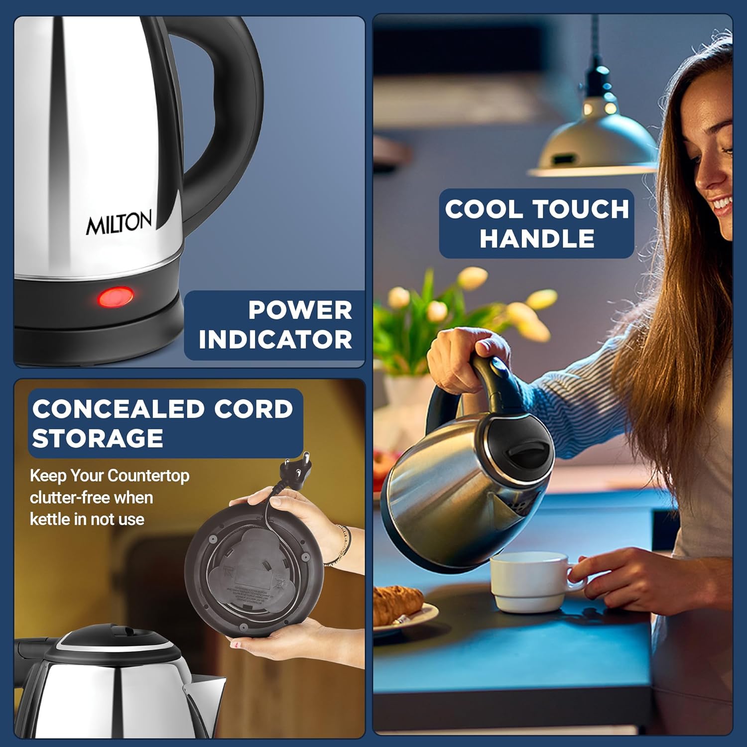 Milton Appliances Go Electric Kettle 1.5 Litre I 3X Protection - Dry Boil, Auto Shut Off, Overheat I 1350 Watt I Super Fast Boiling I Stainless Steel I 360° Power Base I 1 Year Warranty