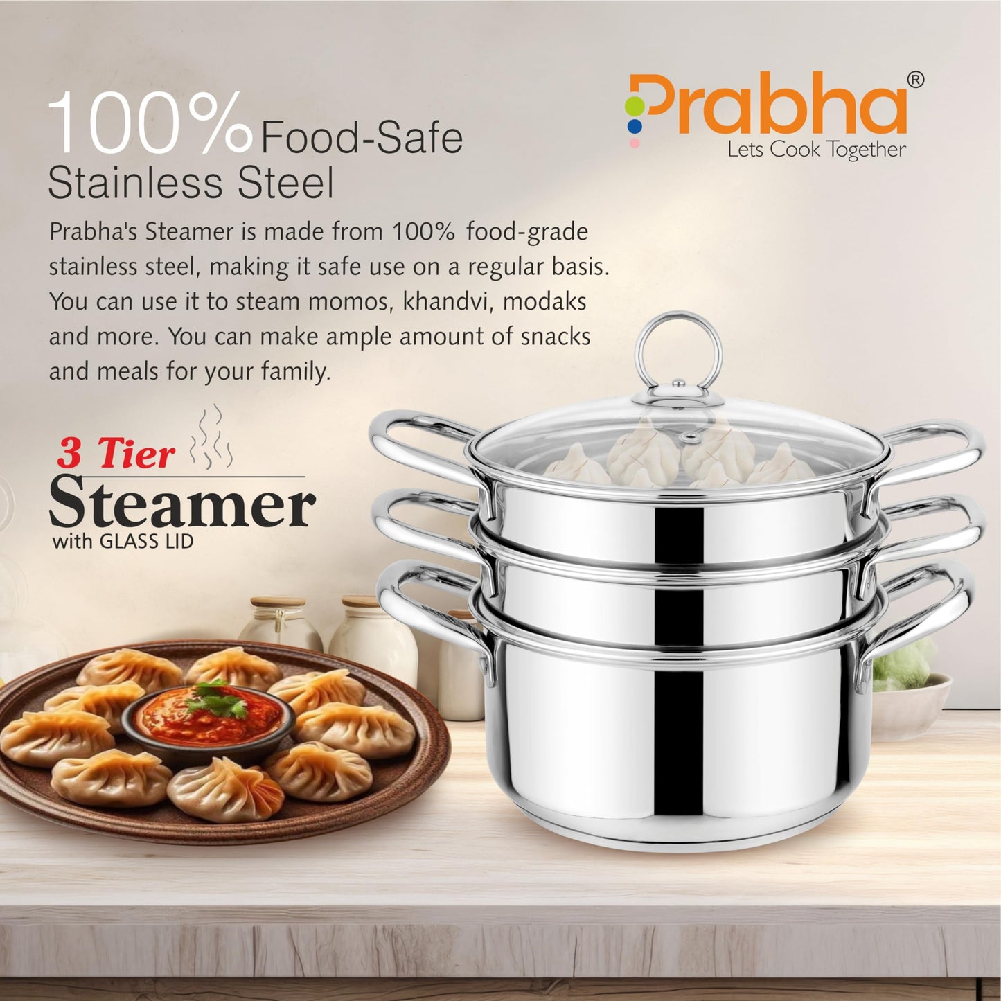 Prabha Stainless Steel Induction Base Steamer with Transparent Glass Lid, 3 Tier, Advanced Vapourisation with 2 Year Manufacturer Warranty