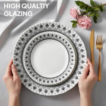 CELLO Damask Imperial Plus Series Opalware Dinner Set of 19 Pieces For Family of 6 | Bone-Ash Free & Leadfree Opal Glass Microwave & Dishwasher Safe Crockery Plates & Bowls Set For Daily Use & Gifting