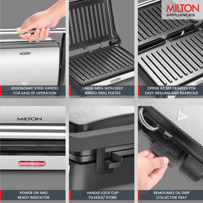 Milton Insta 1000 Watt Grill Sandwich Maker | Electric Toaster and Sandwich Griller | Non Stick Coating Grill Plates | Auto Cut off & Power Indicator | 2 Year Warranty | Silver