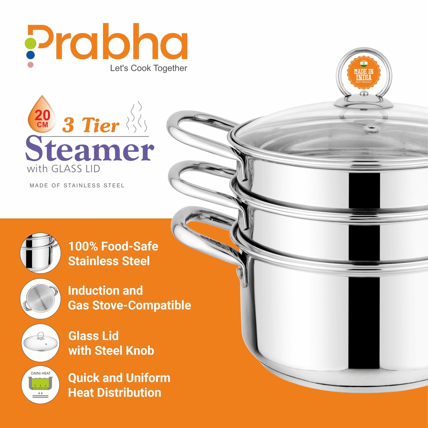 Prabha Stainless Steel Induction Base Steamer with Transparent Glass Lid, 3 Tier, Advanced Vapourisation with 2 Year Manufacturer Warranty