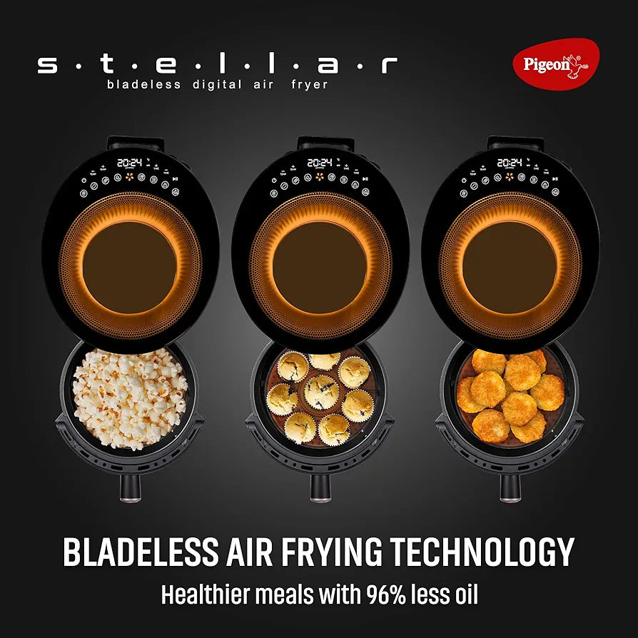 Pigeon By Stovekraft STELLAR Air Fryer Large 5.5L | 1500W BLADELESS Airfryer | Unique See Through Top View Glass | 360 Airwhirl Technology | Digital Touchscreen | 8 PRESETS Menu | Shake Feature, Black