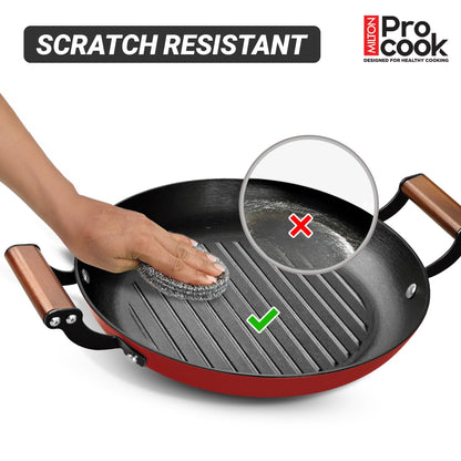 MILTON Pro cook Induction Cookware & Gas Stove Friendly Enameled Coating Grill Cooking Pan 28 cm | Rust Proof | No Seasoning Needed | Red
