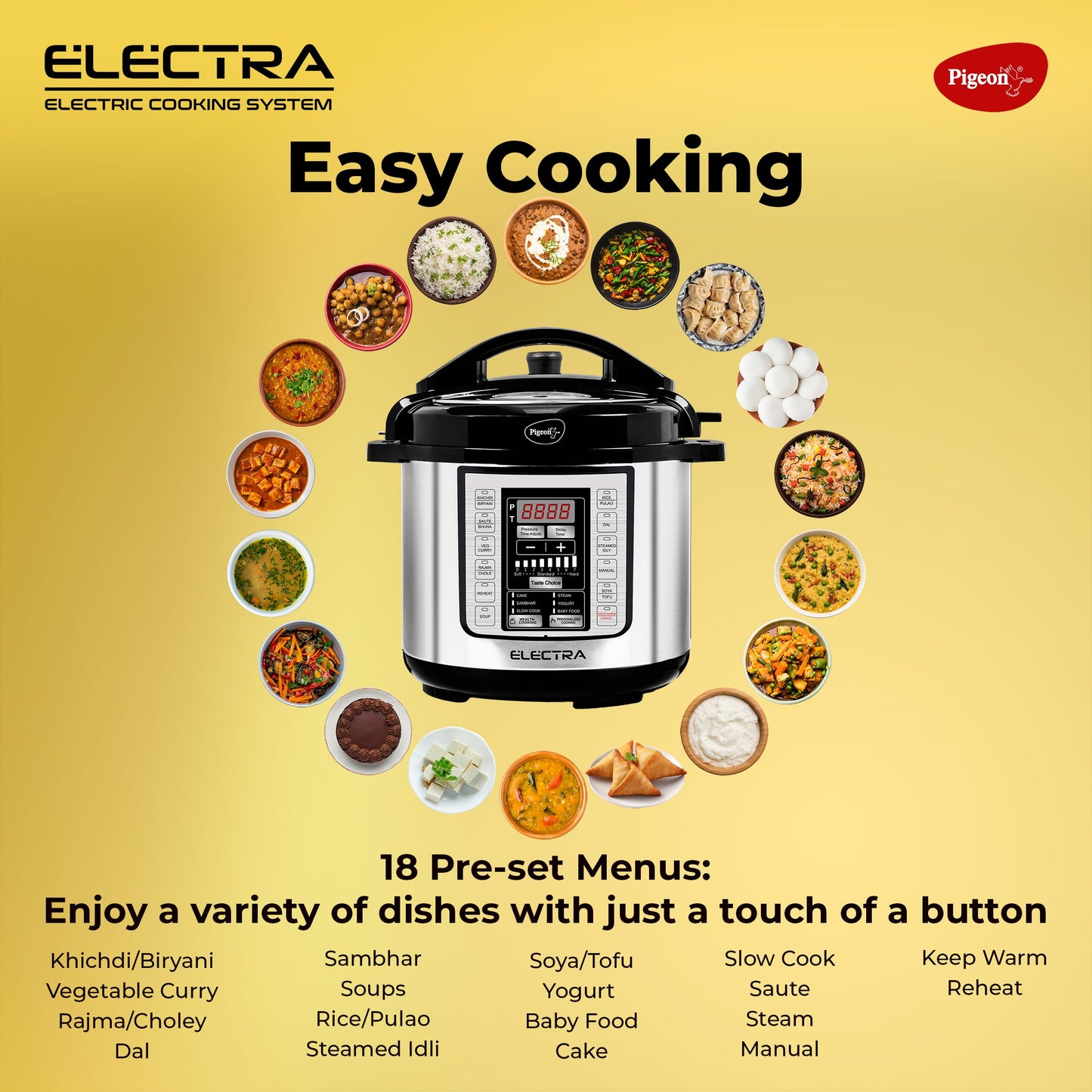 Pigeon By Stovekraft Electra Smart 6 Litre Electric Pressure Cooker with Digital Display | 18 Indian Preset Menu | Automatic Rice Cooker | Delay Timer & More (Stainless Steel)