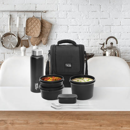 Jaypee Plus Meal Plus 1390 ml Stainless Steel Office Lunch Box | BPA Free, Microwave Safe & Spillproof Airtight 4 Containers | Includes Bottle, Spoon, Fork & Bag | Ideal for College & School (Black)