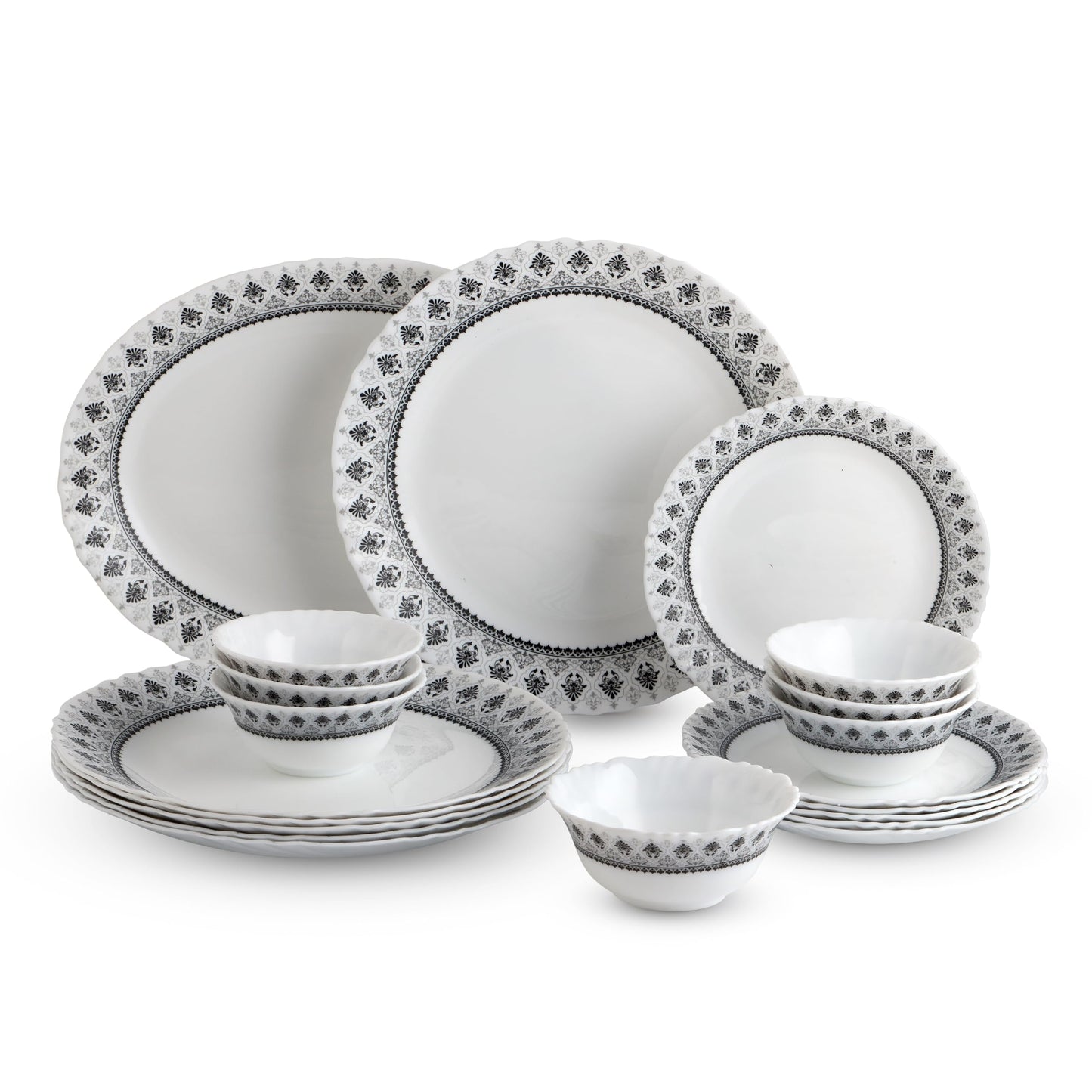 CELLO Damask Imperial Plus Series Opalware Dinner Set of 19 Pieces For Family of 6 | Bone-Ash Free & Leadfree Opal Glass Microwave & Dishwasher Safe Crockery Plates & Bowls Set For Daily Use & Gifting