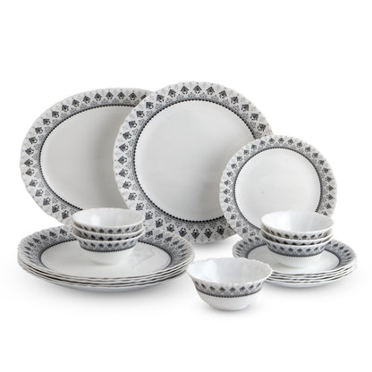 CELLO Damask Imperial Plus Series Opalware Dinner Set of 19 Pieces For Family of 6 | Bone-Ash Free & Leadfree Opal Glass Microwave & Dishwasher Safe Crockery Plates & Bowls Set For Daily Use & Gifting