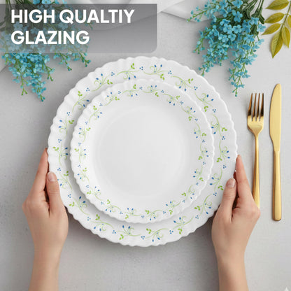 CELLO Tropical Lagoon Dazzle Series Opalware Dinner Set of 18 Pieces For Family of 6 | Bone-Ash Free & Leadfree Opal Glass, Microwave & Dishwasher Safe Plates & Bowls Crockery Set For Dining & Gifting