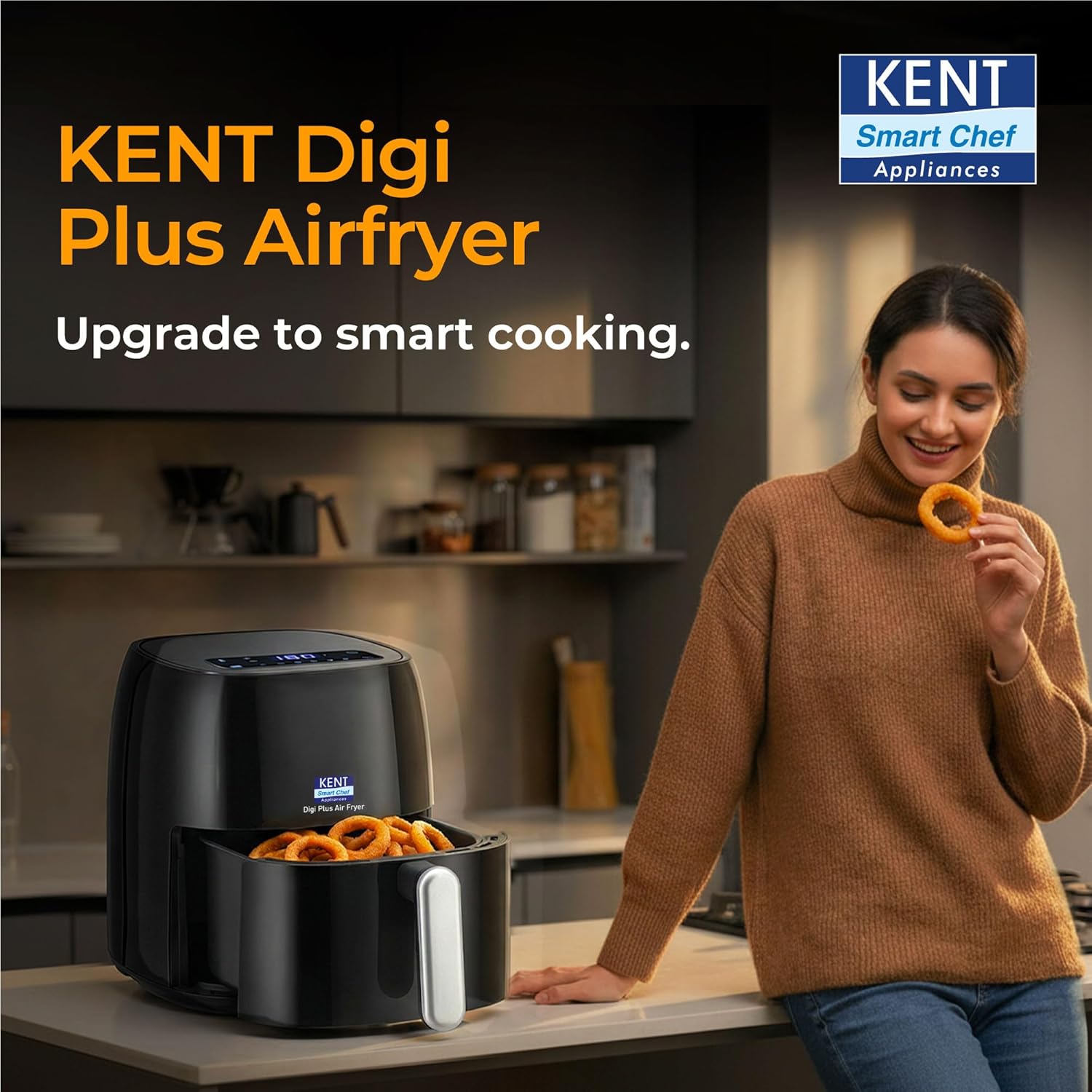 KENT Digi Plus Air Fryer | 4L Capacity & 1300W | Fry, Grill, Roast & Bake | Digital Display & Touch Control Panel | Rapid Heating | 80% Less Oil Usage | High Temperature & Uniform Heating | Black