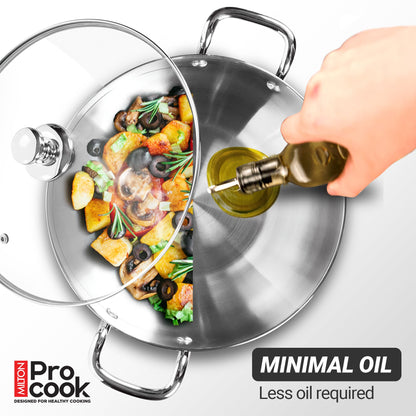 Milton Pro Cook Induction Cookware & Gas Stove Friendly Stainless Steel Sandwich Bottom 4 Pc Kitchen Set | Cooking Pan | Sauce Pan | Kadhai with Lid | Durable Cookware Set | 2 Year Warranty