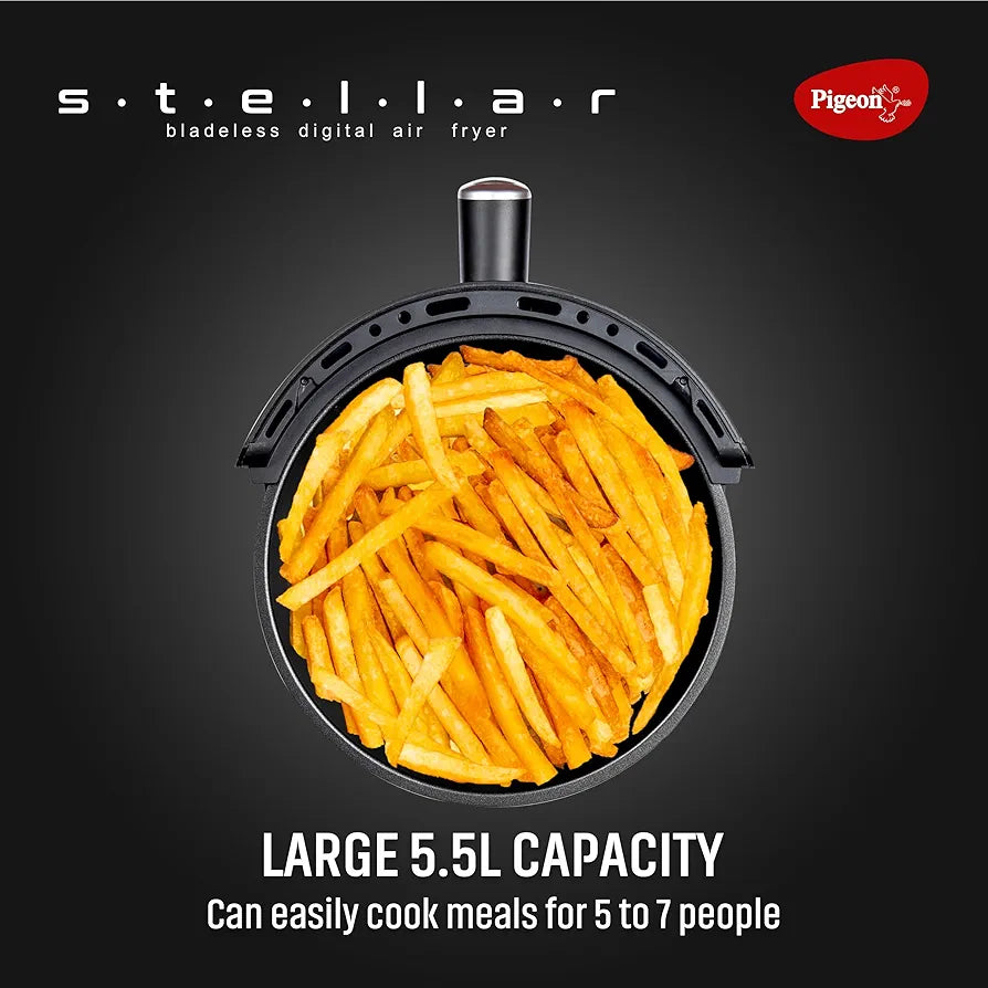 Pigeon By Stovekraft STELLAR Air Fryer Large 5.5L | 1500W BLADELESS Airfryer | Unique See Through Top View Glass | 360 Airwhirl Technology | Digital Touchscreen | 8 PRESETS Menu | Shake Feature, Black