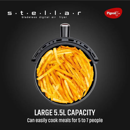 Pigeon By Stovekraft STELLAR Air Fryer Large 5.5L | 1500W BLADELESS Airfryer | Unique See Through Top View Glass | 360 Airwhirl Technology | Digital Touchscreen | 8 PRESETS Menu | Shake Feature, Black