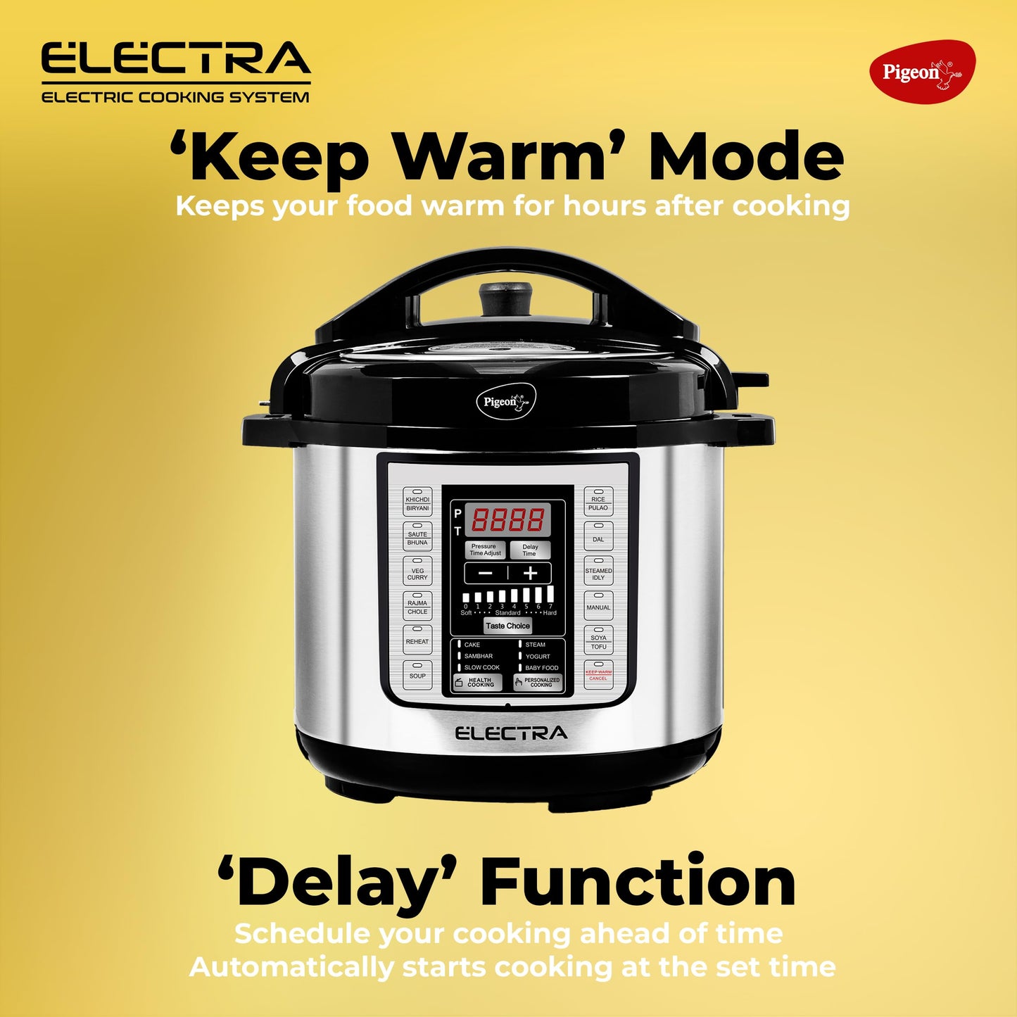 Pigeon By Stovekraft Electra Smart 6 Litre Electric Pressure Cooker with Digital Display | 18 Indian Preset Menu | Automatic Rice Cooker | Delay Timer & More (Stainless Steel)