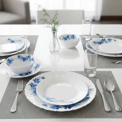 CELLO Blue Swirl Dazzle Series Opalware Dinner Set of 18 Pieces for Family of 6 | Bone-Ash Free & Leadfree Opal Glass, Microwave & Dishwasher Safe, Plates & Bowls Crockery Set for Dining & Gifting