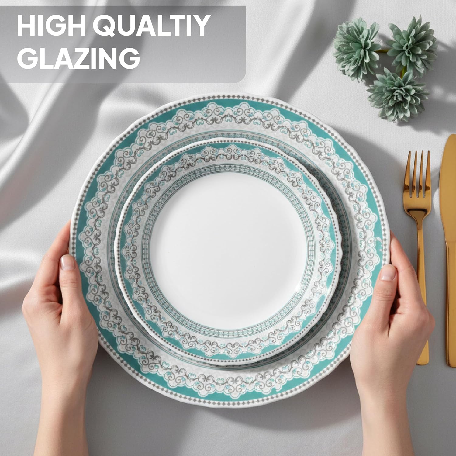 CELLO Celeste Imperial Plus Series Opalware Dinner Set of 27 Piece For Family of 6 | Bone-Ash Free & Leadfree Opal Glass Microwave & Dishwasher Safe Crockery Plates & Bowls Set For Daily Use & Gifting