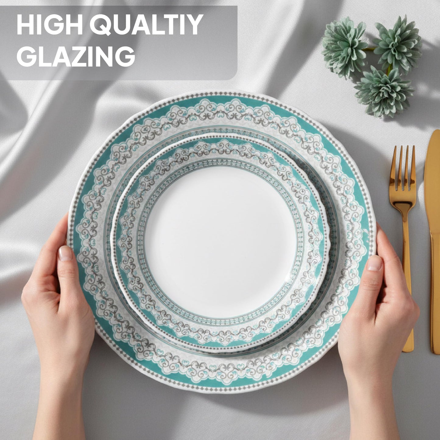 CELLO Celeste Imperial Plus Series Opalware Dinner Set of 27 Piece For Family of 6 | Bone-Ash Free & Leadfree Opal Glass Microwave & Dishwasher Safe Crockery Plates & Bowls Set For Daily Use & Gifting
