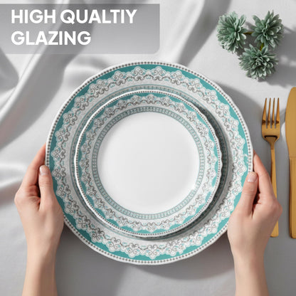 CELLO Celeste Imperial Plus Series Opalware Dinner Set of 27 Piece For Family of 6 | Bone-Ash Free & Leadfree Opal Glass Microwave & Dishwasher Safe Crockery Plates & Bowls Set For Daily Use & Gifting