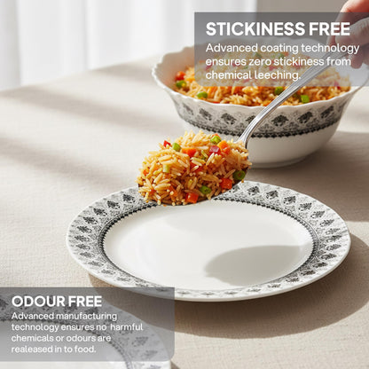 CELLO Damask Imperial Plus Series Opalware Dinner Set of 19 Pieces For Family of 6 | Bone-Ash Free & Leadfree Opal Glass Microwave & Dishwasher Safe Crockery Plates & Bowls Set For Daily Use & Gifting
