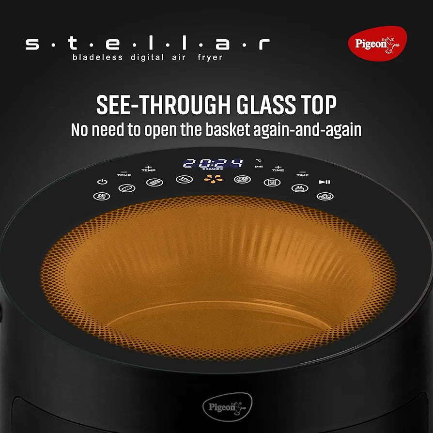 Pigeon By Stovekraft STELLAR Air Fryer Large 5.5L | 1500W BLADELESS Airfryer | Unique See Through Top View Glass | 360 Airwhirl Technology | Digital Touchscreen | 8 PRESETS Menu | Shake Feature, Black
