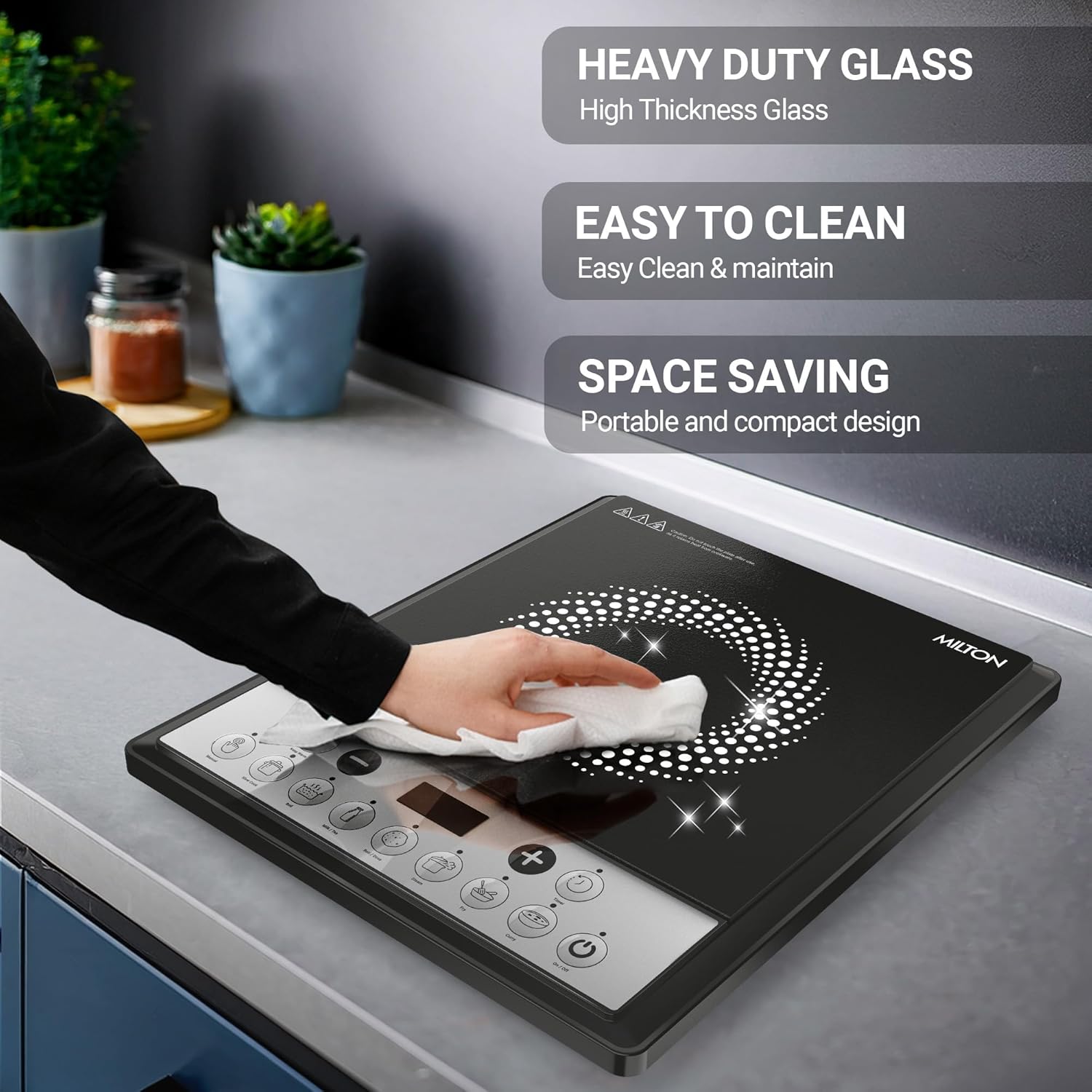 Milton Euroline Elio 16.0 Portable 1600 W Induction Cooktop | LED Display Panel, 5KV Surge Protection | Timer & Preset Menu Functions | Soft Touch Buttons | Fast Cooking | 3-Year Warranty on Coil