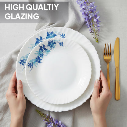 CELLO Blue Swirl Dazzle Series Opalware Dinner Set of 23 Pieces for Family of 6 | Bone-Ash Free & Leadfree Opal Glass, Microwave & Dishwasher Safe, Plates & Bowls Crockery Set for Dining & Gifting
