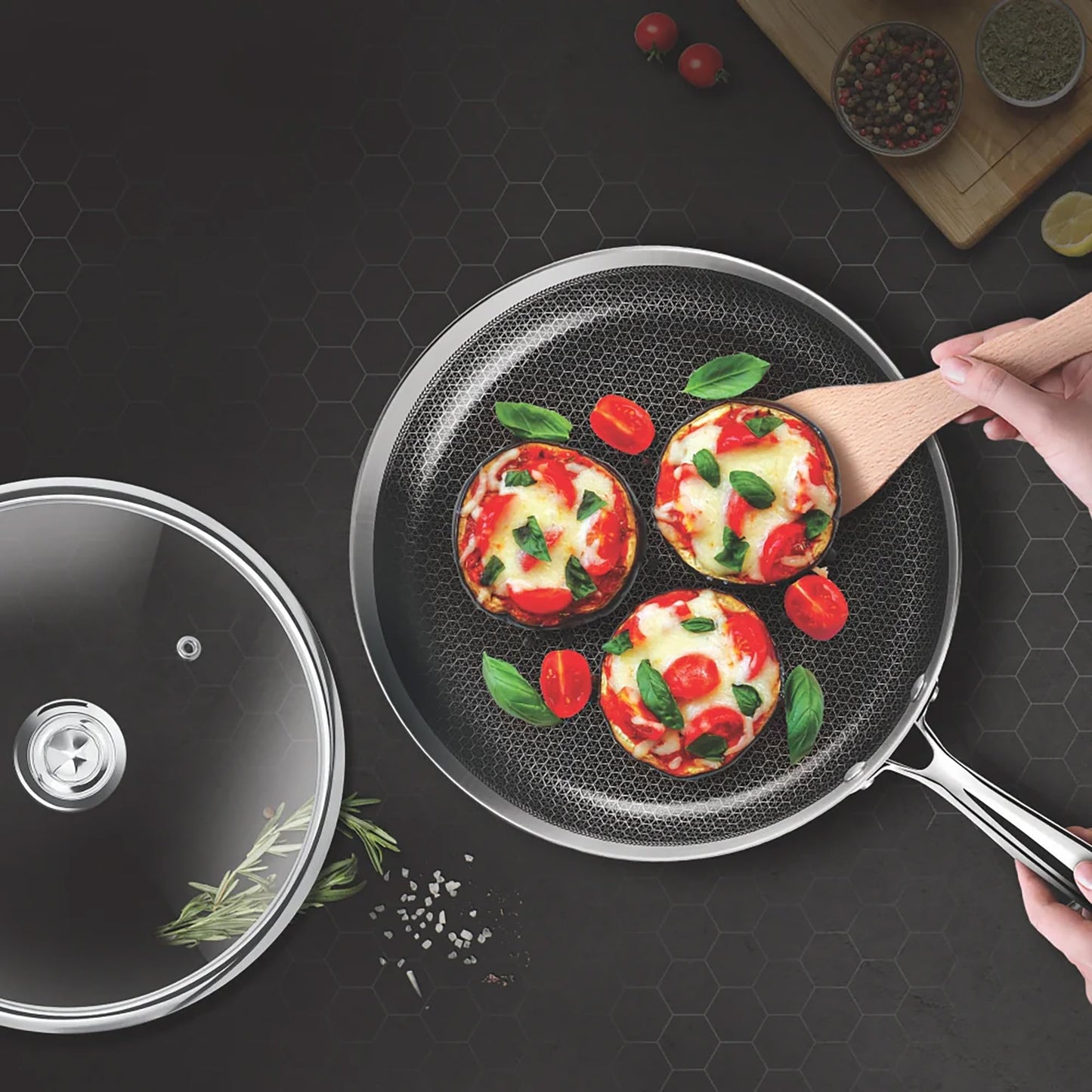 Milton Pro Cook Induction Cookware & Gas Stove Friendly Triply Hexa Tech Stainless Steel Frying Pan with Glass Lid 22cm, 1.3L | Honeycomb Non-Stick Fry Pan | Metal Spoon Friendly | 3Y Warranty |Silver